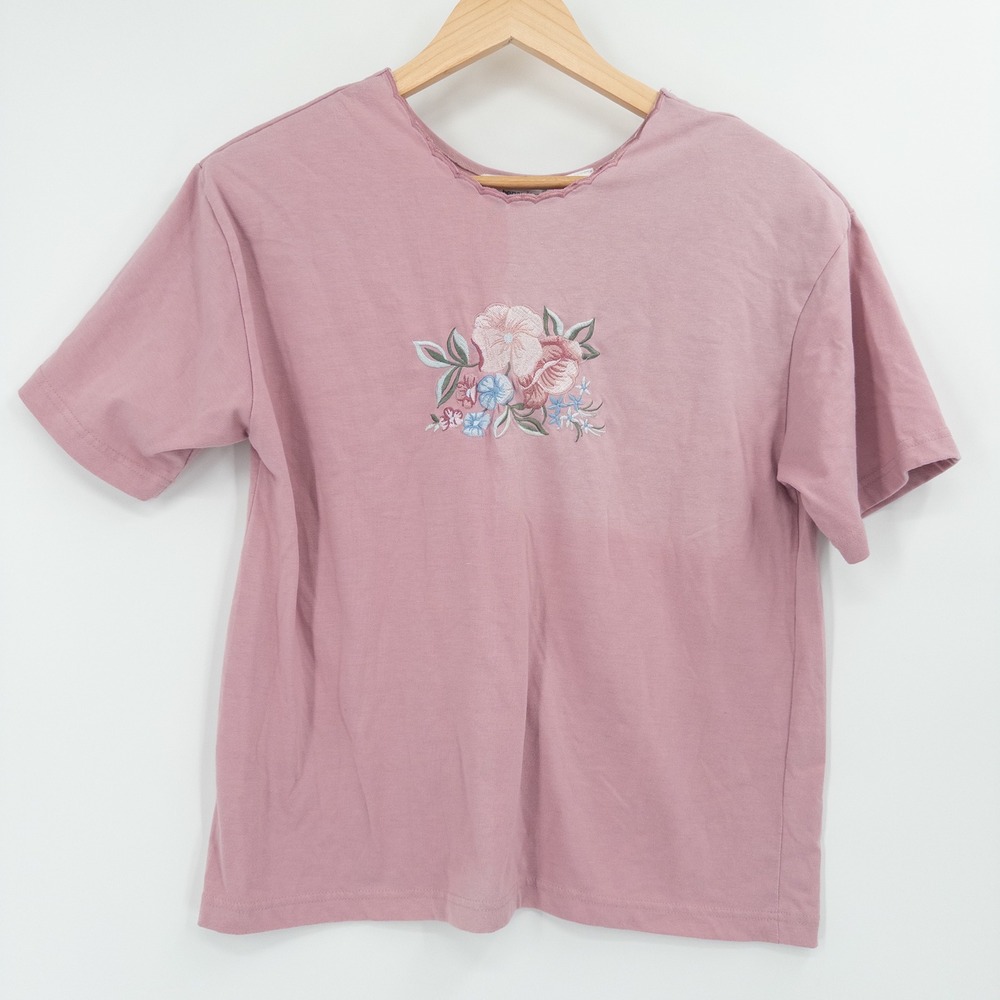 Vintage Shenanigans Floral Embroidered T-Shirt Large Pink Cottage Grannycore